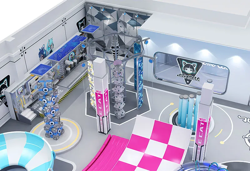 Futuristic IP-Branded Sports Space: Slide, Climbing & Obstacle Matrix – Blue-Pink Zoned Circulation for All Ages