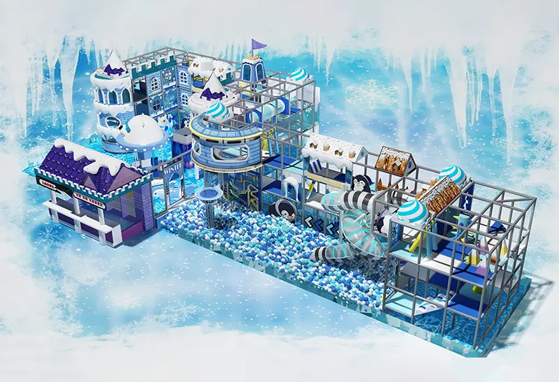 Magical Ice-Castle Themed Playground with Arctic Animal Decor: Interconnected Ball Pits, Slides & Climbing Frames in Cool Winter Tones