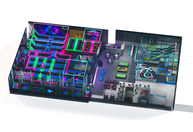 All-in-One Neon Entertainment Space: Trampolines, Soft Play, Carousel & Arcade Games with Cosmic-Themed Decor
