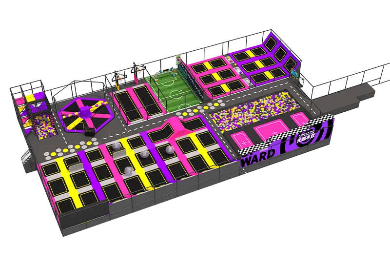 Bold Pink-Purple-Yellow Trampoline Park: Interconnected Jump Zones, Ball Pit, Soccer Field, Climbing & Spinning Discs
