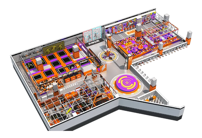 High-Energy Modern Trampoline & Soft Play Center: Mechanical Challenge Zones, Rotating Stage & Bold Color-Blocked Design