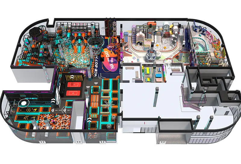 Large-Scale Hybrid-Style Indoor Park: Cyberpunk + Cartoon Town – Role-Play, Education & Trampoline Challenge Areas