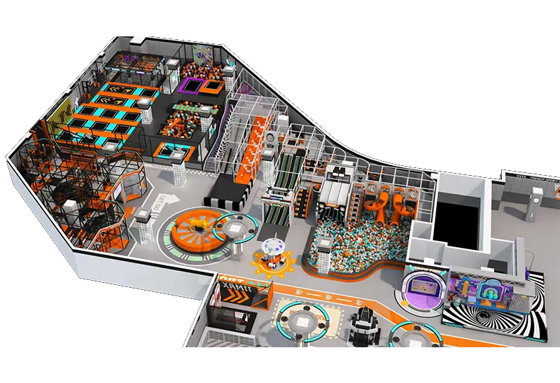Dark Gray Base with Bright Orange, Fluorescent Green & Purple: Multi-Slide, VR Games & Interactive Play Zones
