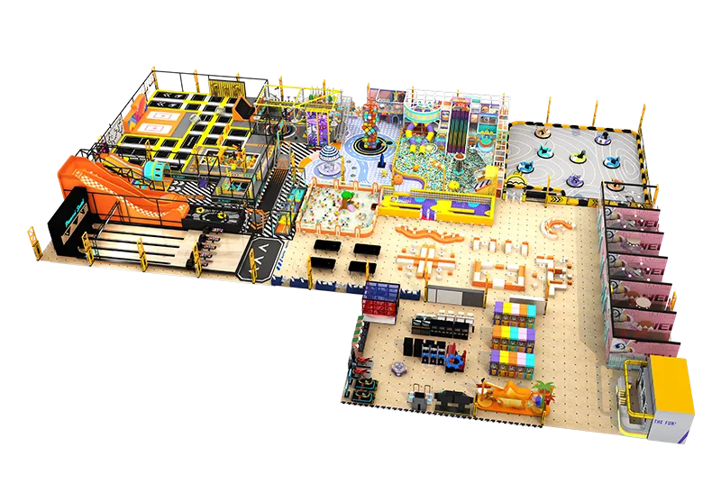 Irregular-Shaped Multi-Zone Indoor Park: Trampolines, Slides, Inflatables & Arcade – Bright Orange-Yellow-Blue Color Scheme