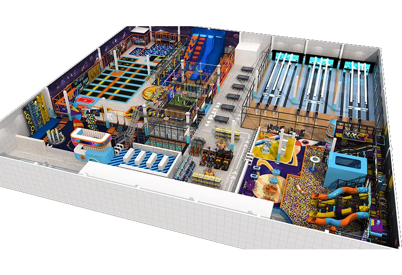 Space-Age Futuristic Indoor Play Center: Sports, Leisure & Social Zones with Central Passageway Circulation Planning